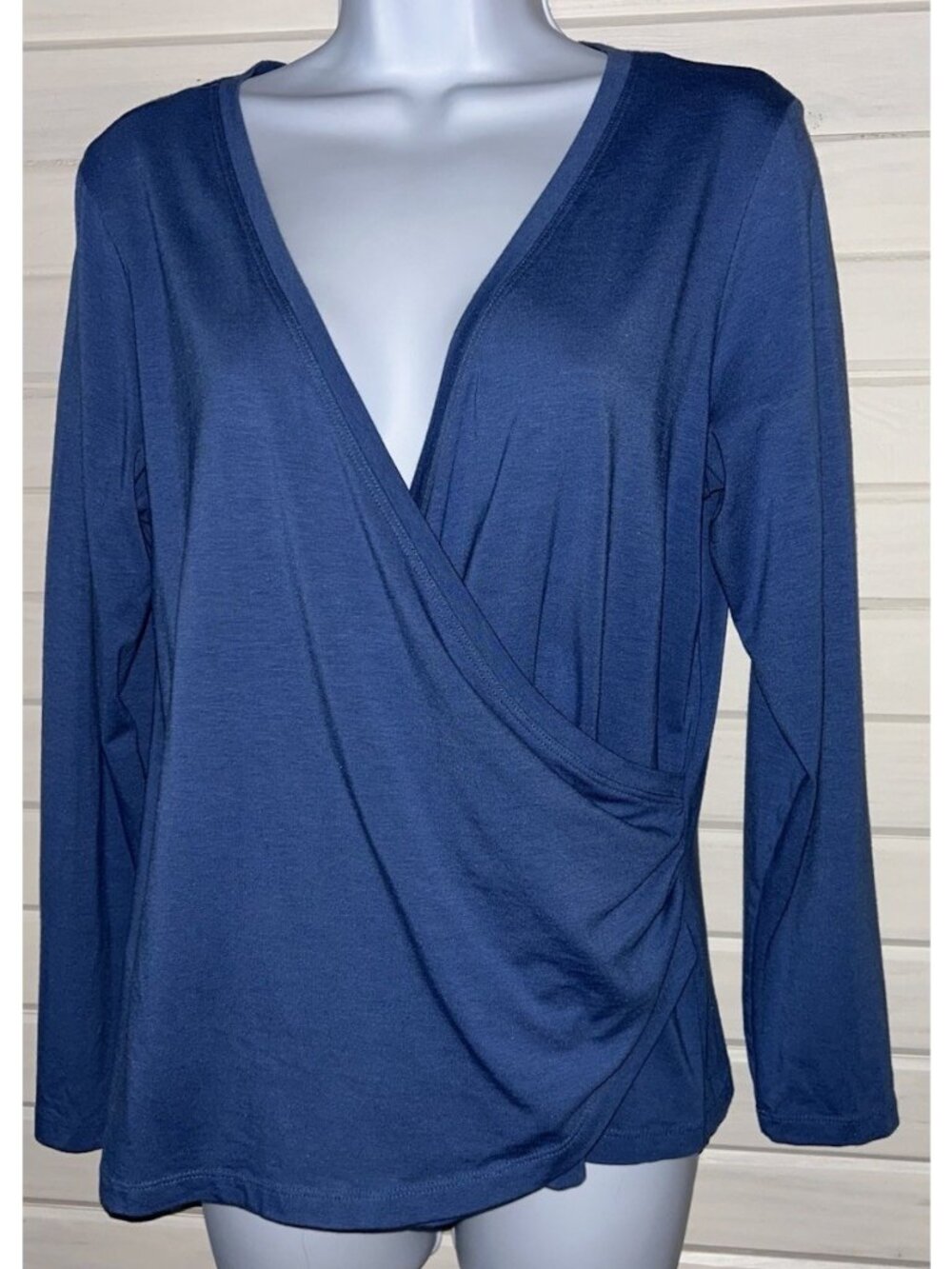 LL Bean Sz PETITES MEDIUM PM Blue Supima Cotton Blend Faux Wrap L/S Tee *VGUC